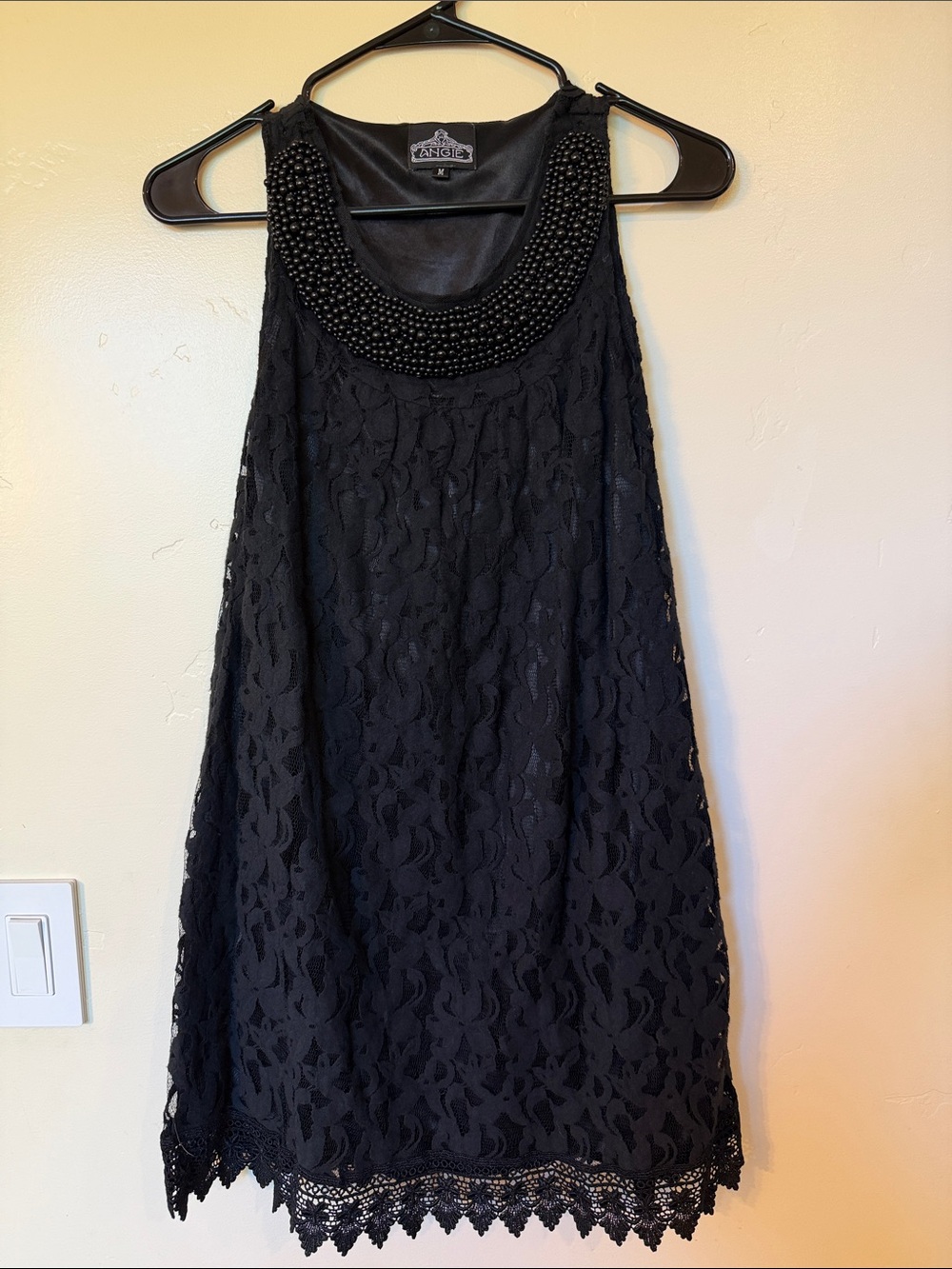 Angie Black Lace Mini Dress with Beaded Neckline